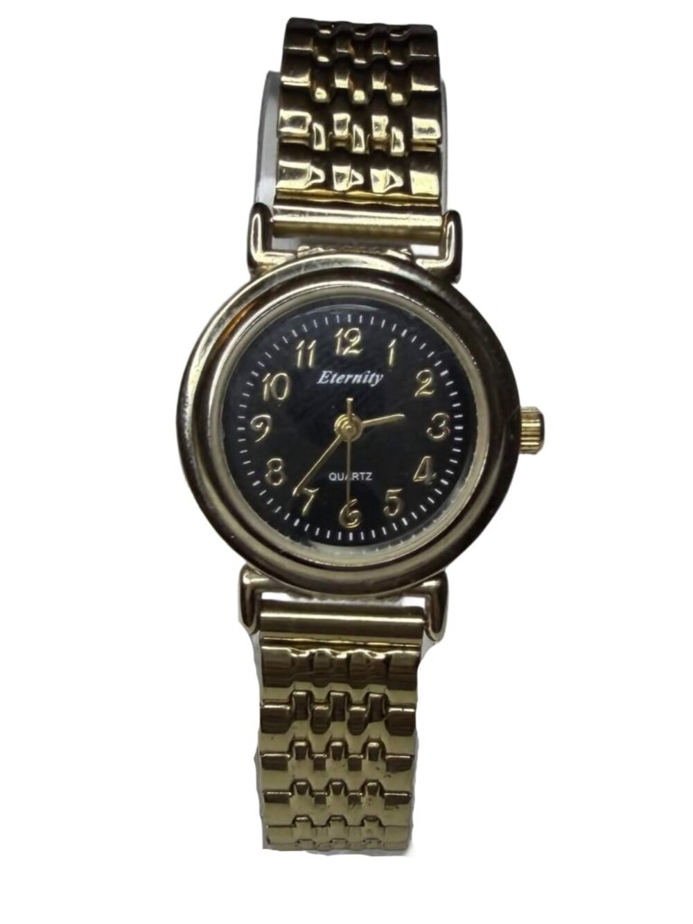 Eternity Quartz Watch Black Dial Gold Tone Stretch Band Ladies Japan Movement